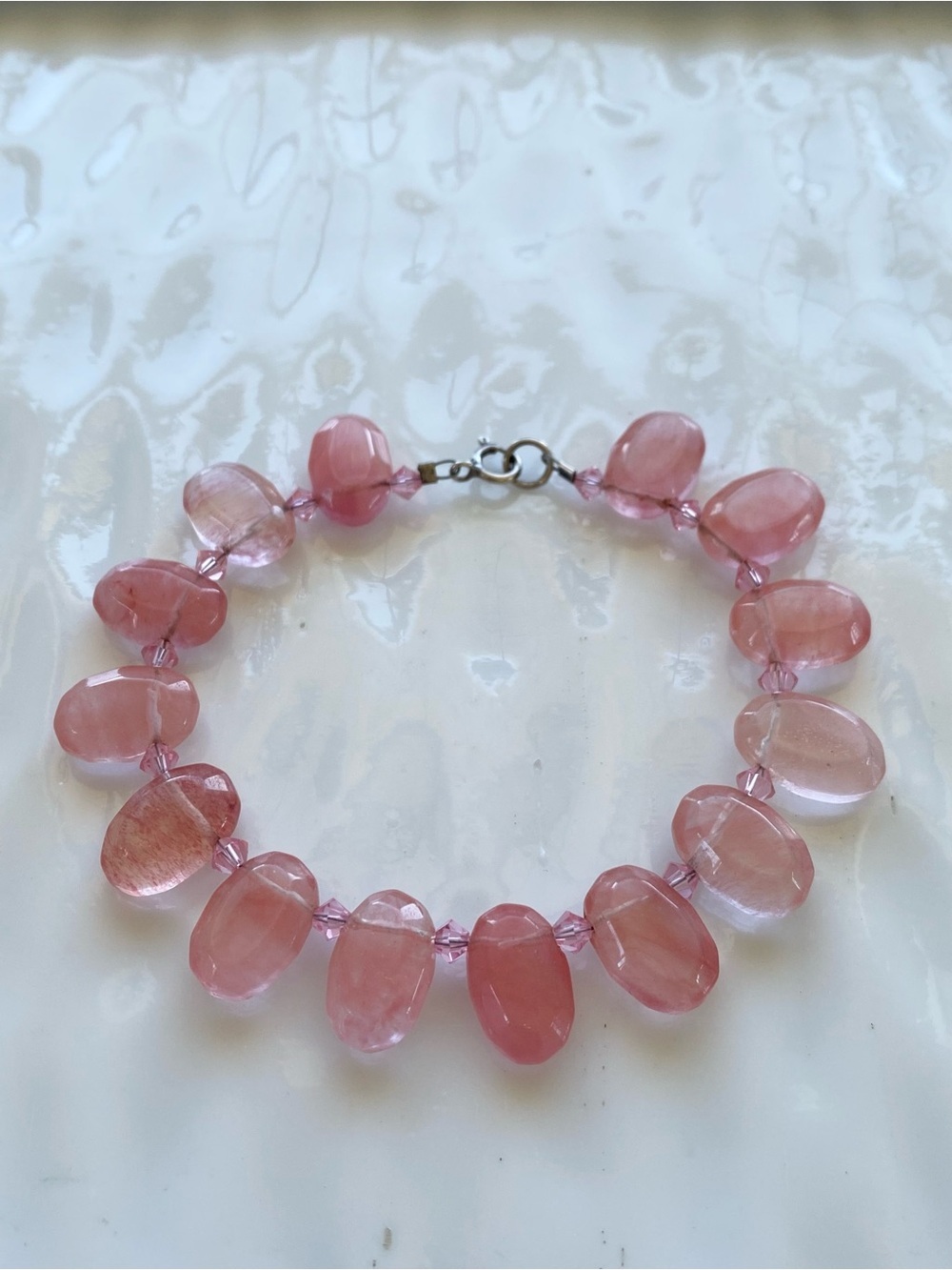 Rose Quartz Bead hand strung Bracelet with crystal accents. Fit up to 7.5 inches - Picture 4 of 10
